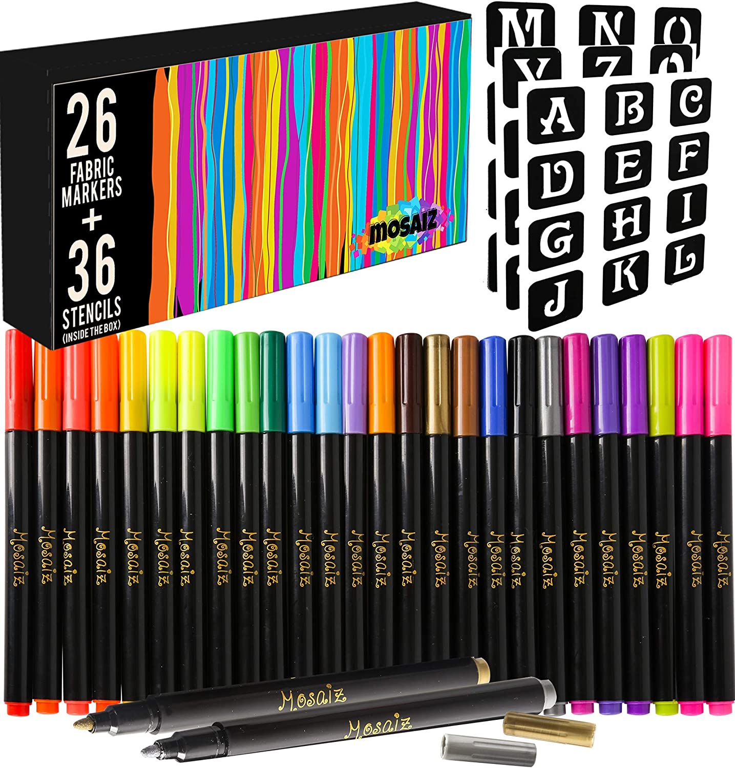 Mosaiz Fabric Markers Set, 26 Colors, Permanent, No Bleed, Canvas Markers  with Gold and Silver Shifabric Colors and 36 Letter Stencils for All Ages